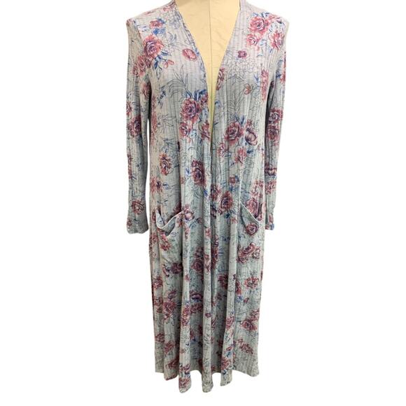 Small LulaRoe Womens Sarah Duster Long Cardigan Gray Floral Pockets - Picture 2 of 8